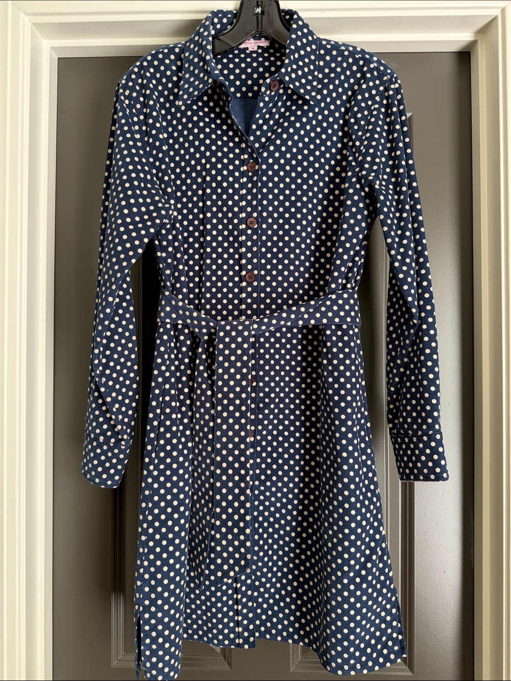 Navy Polka Dot Long Sleeve Corduroy Shirt Dress with Self Tie Belt